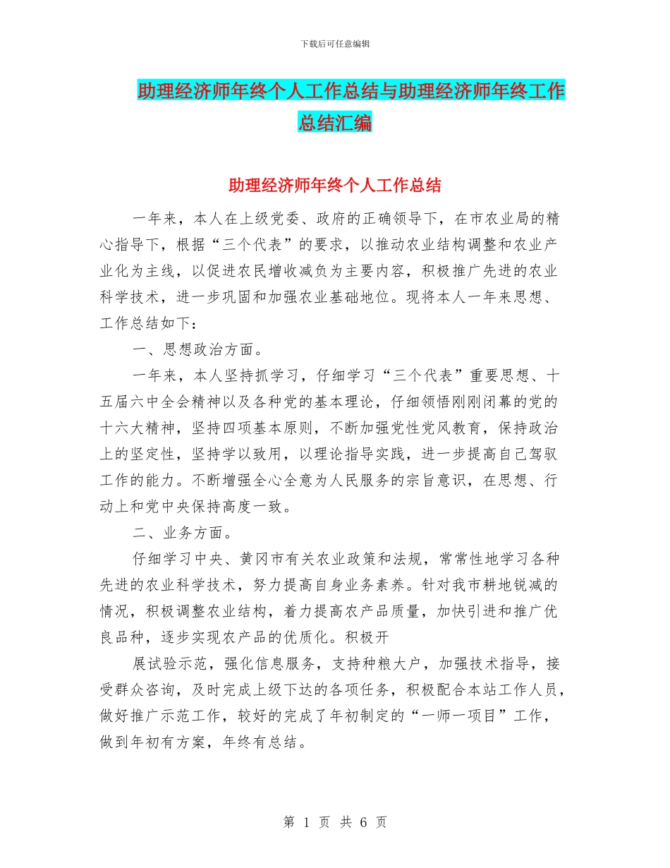助理经济师年终个人工作总结与助理经济师年终工作总结汇编_第1页