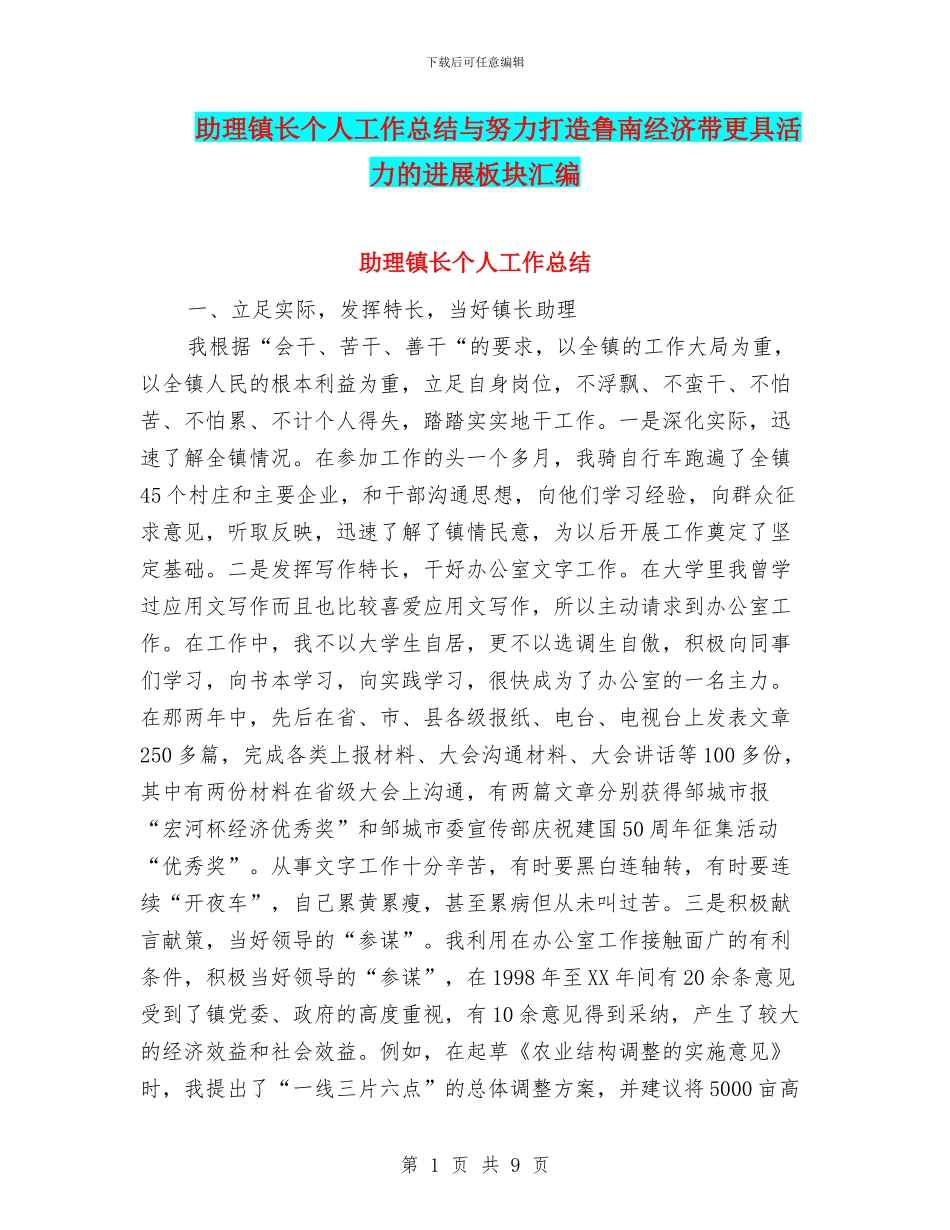 助理镇长个人工作总结与努力打造鲁南经济带更具活力的发展板块汇编_第1页