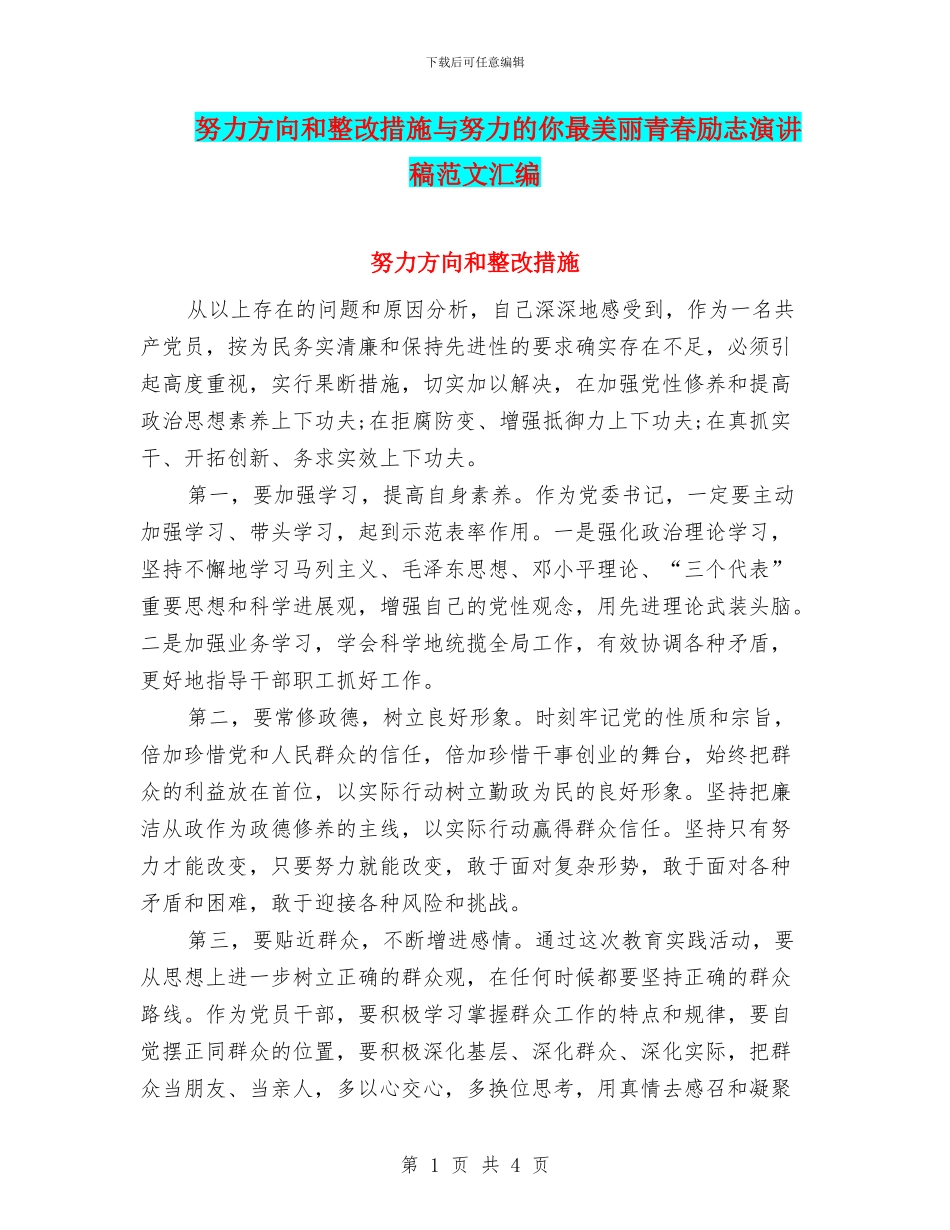 努力方向和整改措施与努力的你最美丽青春励志演讲稿范文汇编_第1页