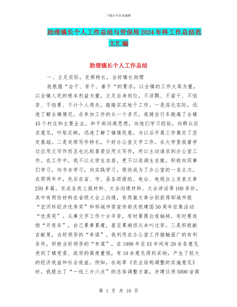 助理镇长个人工作总结与劳保局2024年终工作总结范文汇编_第1页
