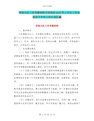 劳保大队工作考察材料与劳保局2024年上半年工作总结及下半年工作计划汇编