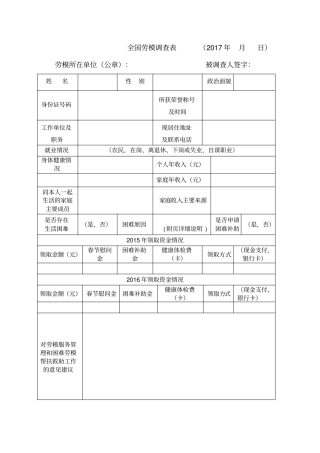 全国劳模调查表+年+月+日