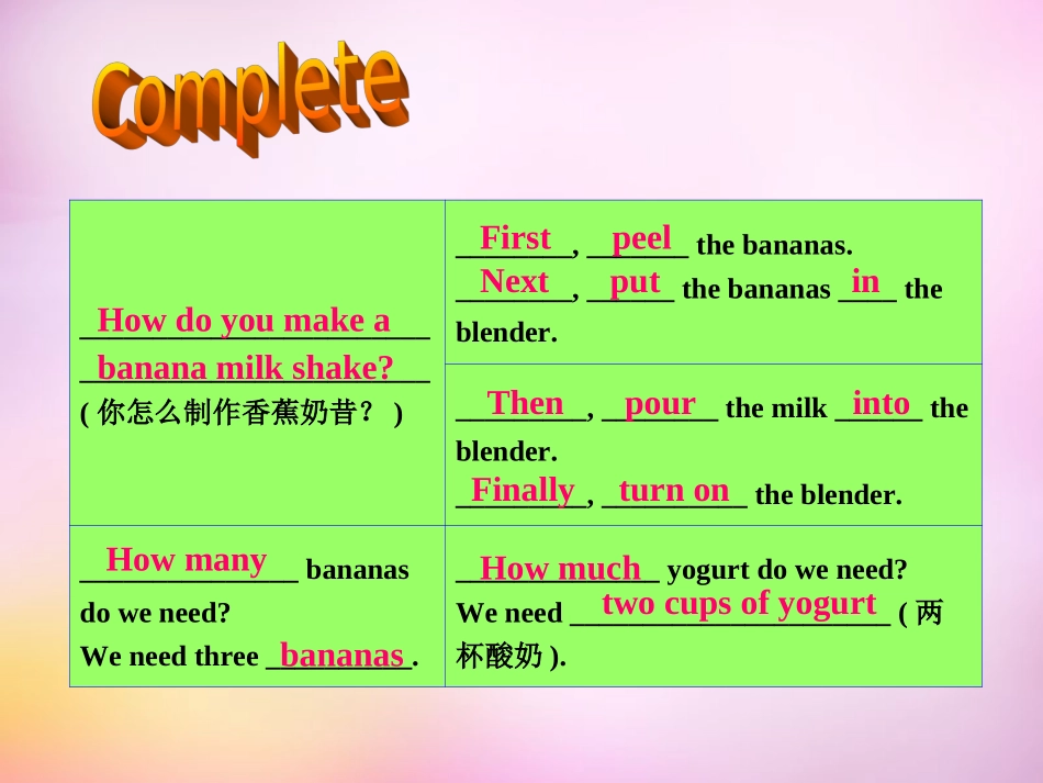 秋八年级英语上册 Unit 8 How do you make a banana milk shake Section A(grammar focus 3c)课件 (新版)人教新目标版 课件_第3页