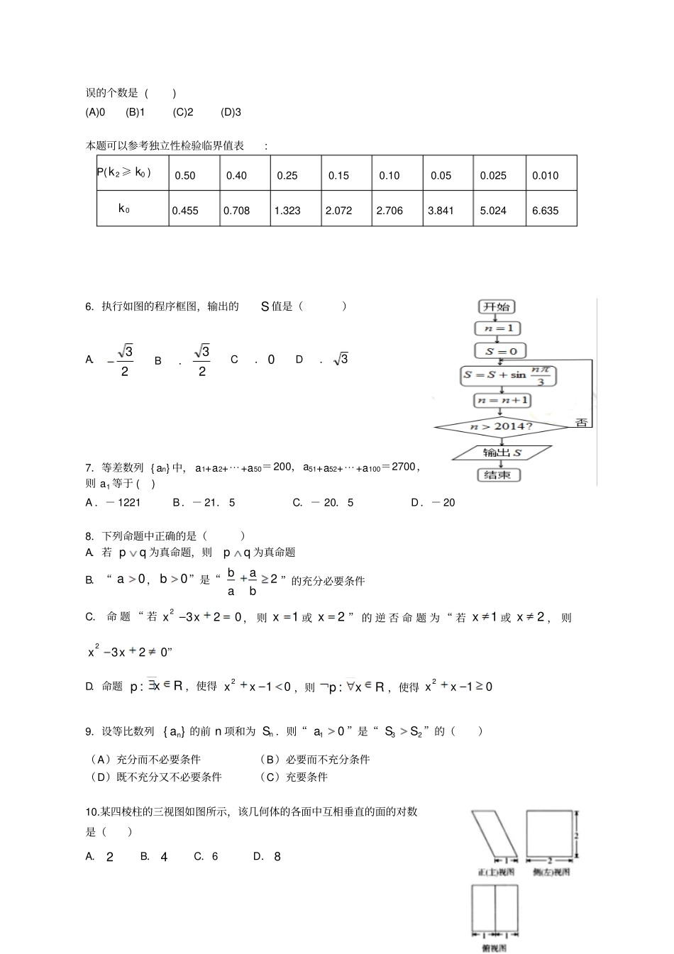全国卷理科数学模拟试题一_第2页