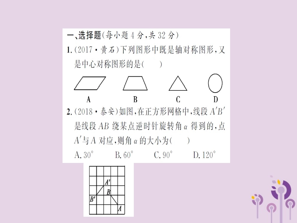 湖北省中考数学 专项测试(七)图形与变换习题练课件_第2页