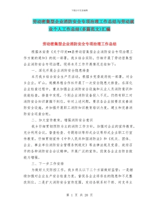 劳动密集型企业消防安全专项治理工作总结与劳动就业个人工作总结汇编