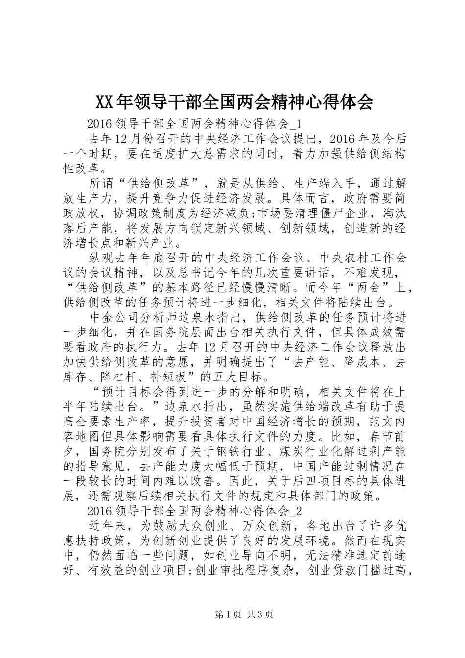 XX年领导干部全国两会精神心得体会_第1页