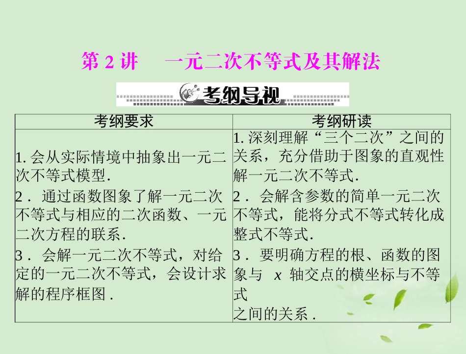 高考数学一轮复习 第五章 第2讲 一元二次不等式及其解法课件 理 课件_第1页