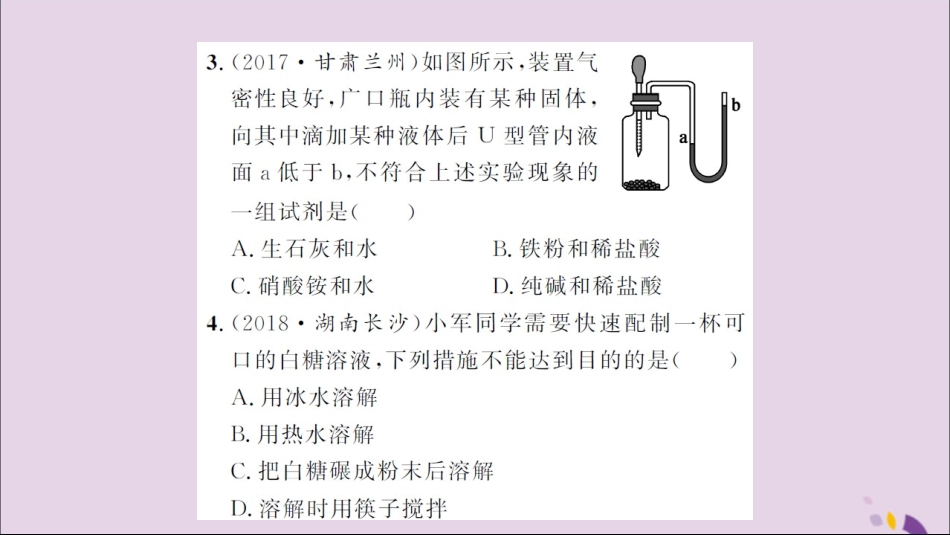 湖北省中考化学一轮复习 课后训练十四 溶液的形成 溶解度习题课件_第3页