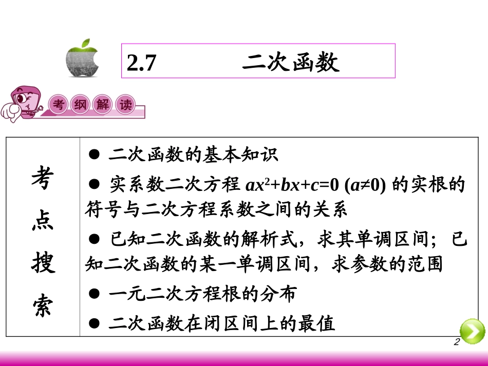 高考数学第一轮总复习2.7二次函数(第1课时)课件 文 (广西专版) 课件_第2页