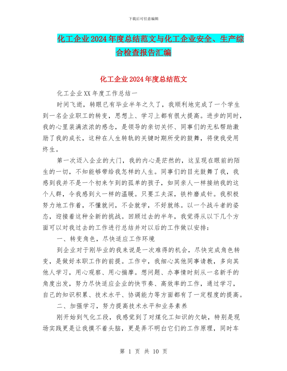 化工企业2024年度总结范文与化工企业安全、生产综合检查报告汇编_第1页