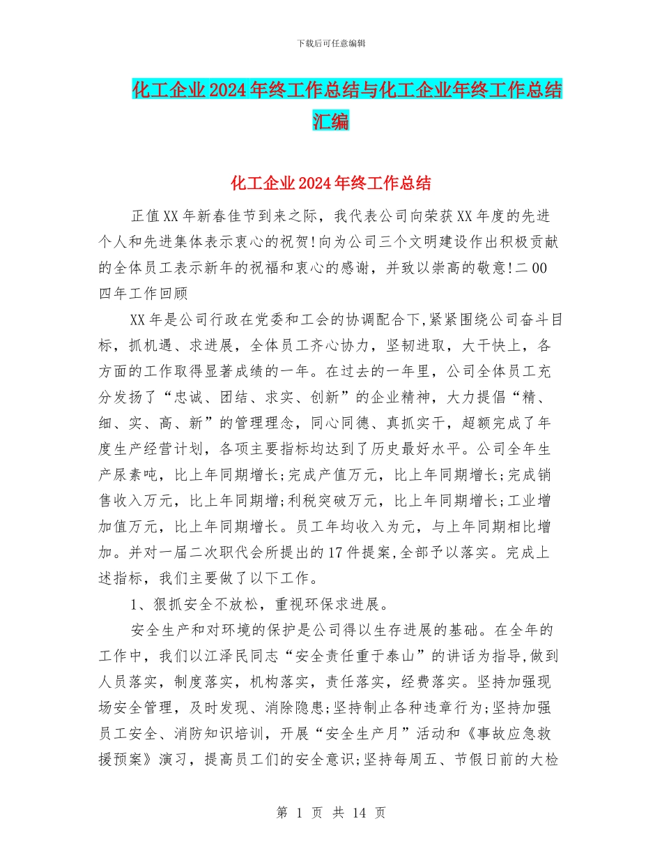 化工企业2024年终工作总结与化工企业年终工作总结汇编_第1页