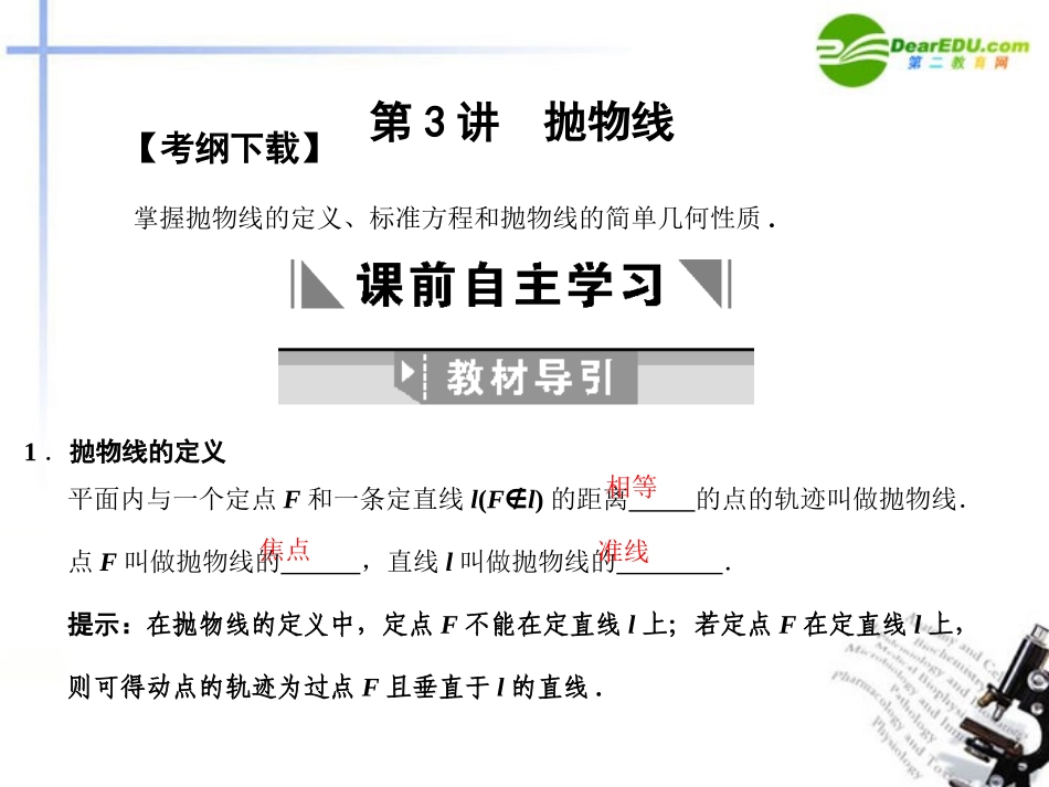 高三数学一轮复习 8.3 抛物线课件 文 大纲人教版 课件_第2页