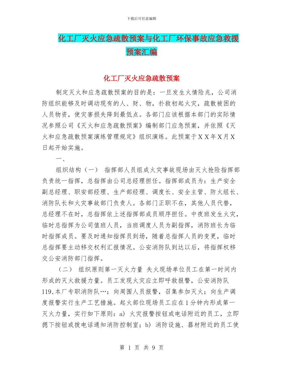 化工厂灭火应急疏散预案与化工厂环保事故应急救援预案汇编_第1页