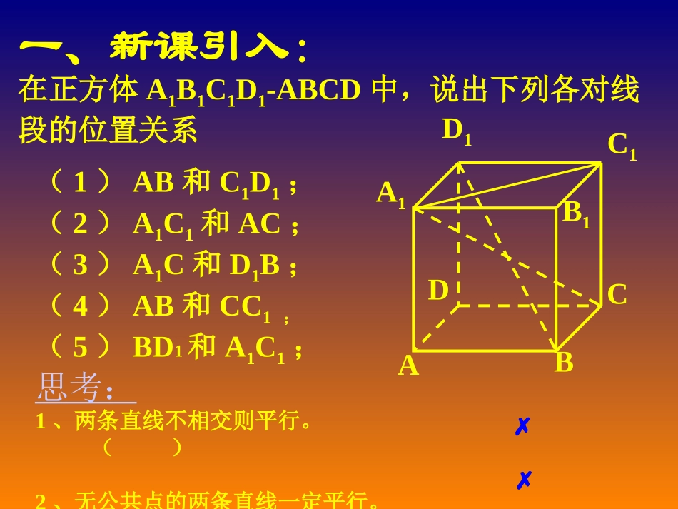 空间直线与直线的位置关系2 苏省高二数学立体几何平面与空间直线单元全部系列课件 人教版 苏省高二数学立体几何平面与空间直线单元全部系列课件 人教版_第2页