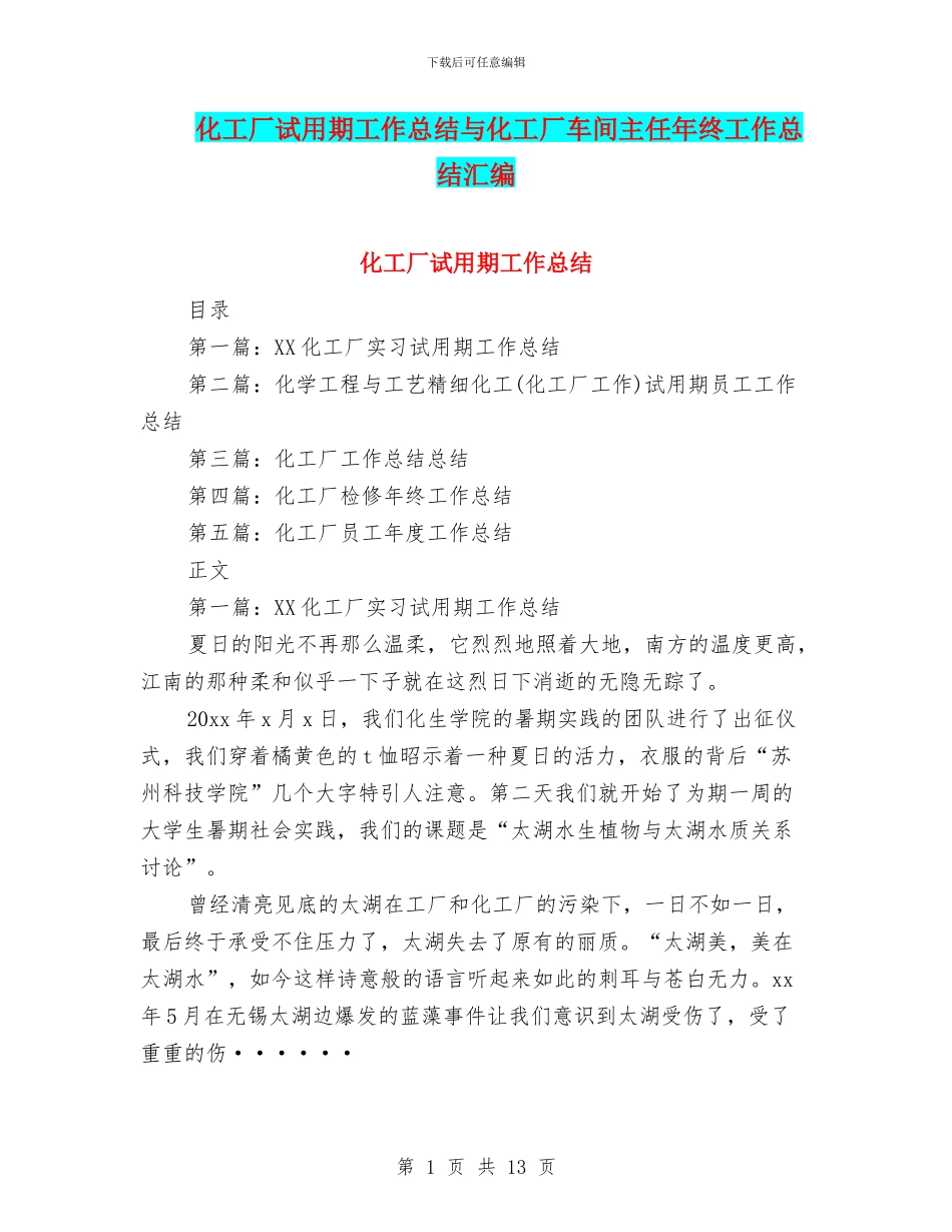 化工厂试用期工作总结与化工厂车间主任年终工作总结汇编_第1页