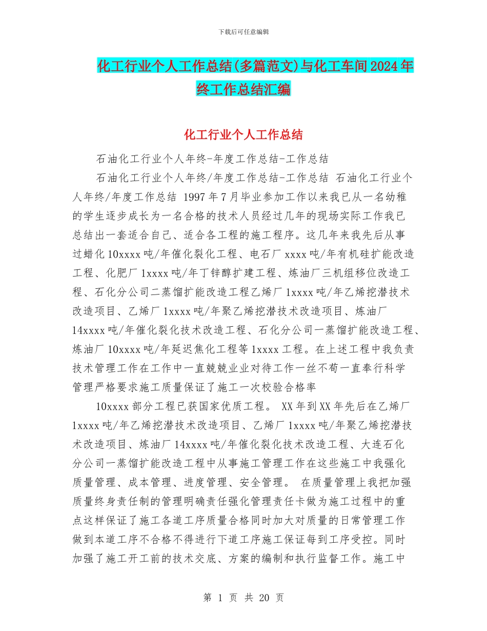 化工行业个人工作总结与化工车间2024年终工作总结汇编_第1页