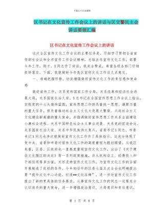 区书记在文化宣传工作会议上的讲话与区交警民主会讲话要领汇编