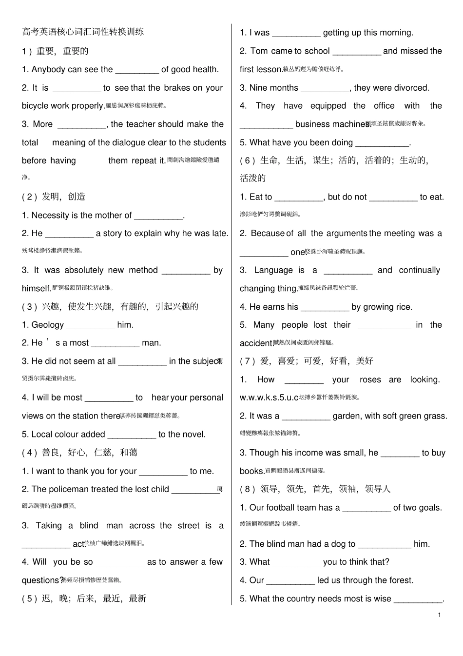 全国高考英语核心词汇词性转换训练_第1页