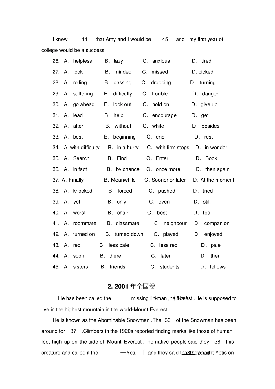 全国高考英语完形填空真题汇编推荐_第2页