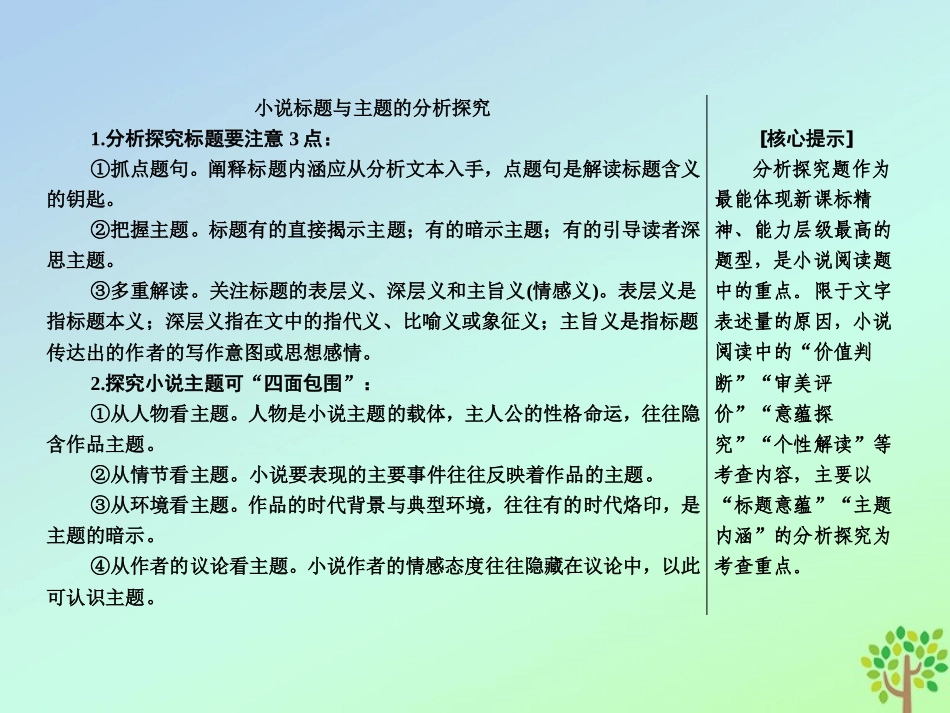 高考语文高分技巧二轮复习专题三抢分点三小说常考的两类分析探究__标题与主题课件_第2页