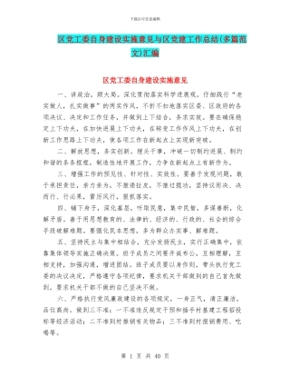 区党工委自身建设实施意见与区党建工作总结汇编