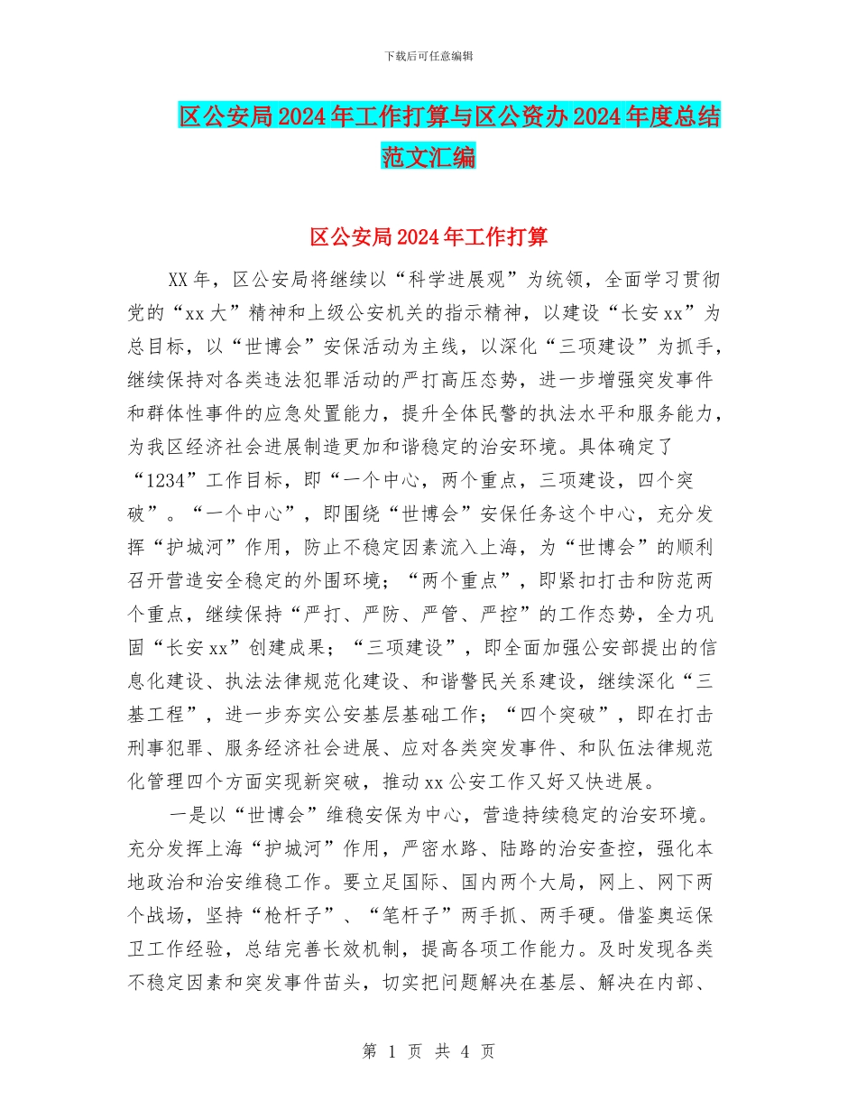 区公安局2024年工作打算与区公资办2024年度总结范文汇编_第1页