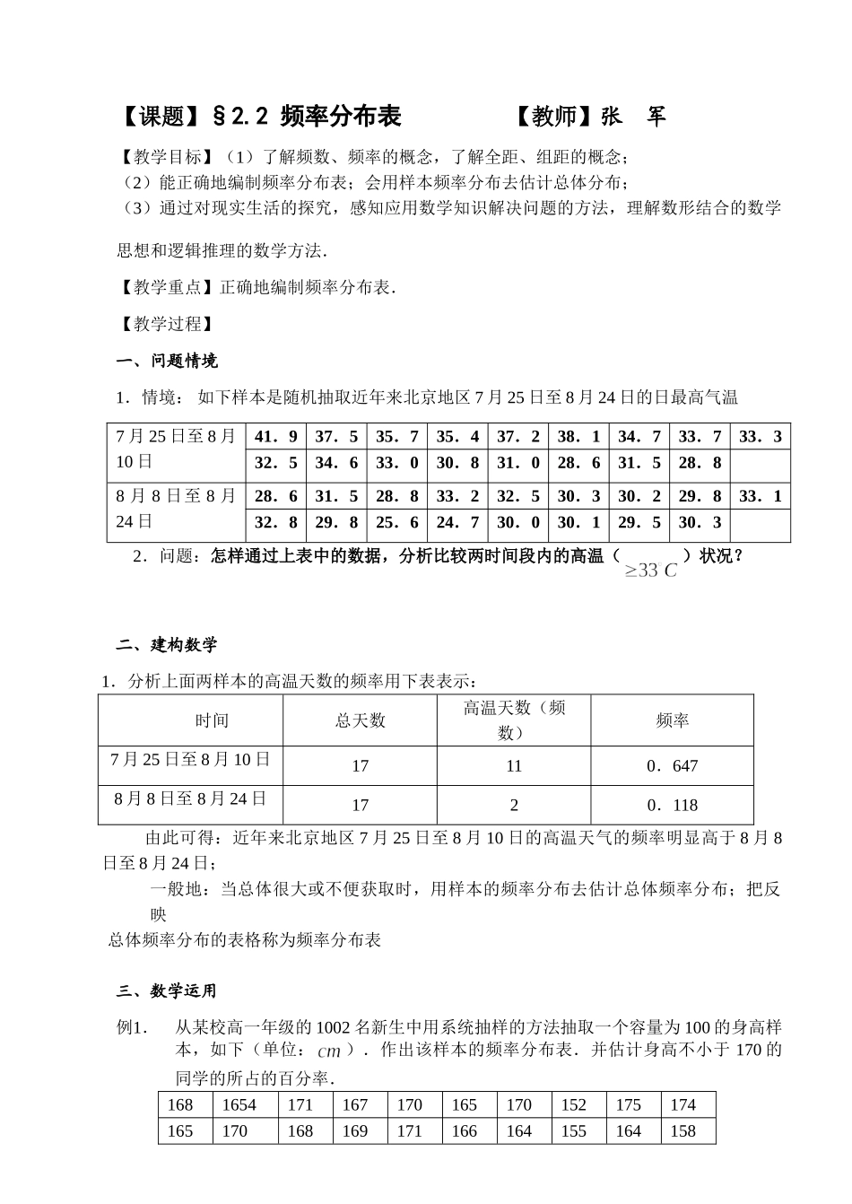 频率分布表 苏教版必修3 统计教案与ppt课件全套_第1页