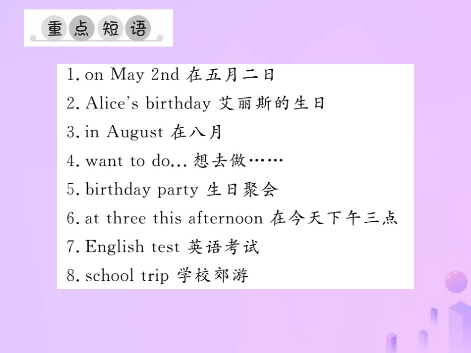秋七年级英语上册 Unit 8 When is your birthday重点短语与句型习题课件 (新版)人教新目标版 课件_第2页
