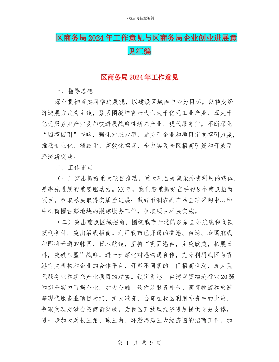 区商务局2024年工作意见与区商务局企业创业发展意见汇编_第1页