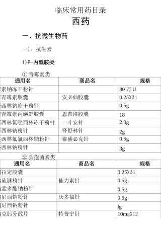临床常用药目录