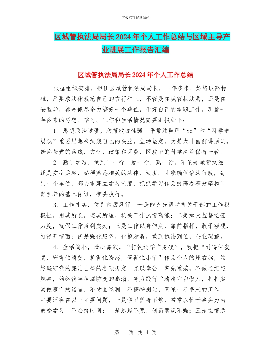 区城管执法局局长2024年个人工作总结与区域主导产业发展工作报告汇编_第1页