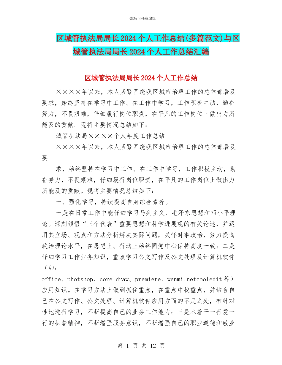 区城管执法局局长2024个人工作总结与区城管执法局局长2024个人工作总结汇编_第1页