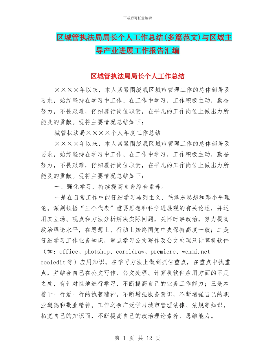区城管执法局局长个人工作总结与区域主导产业发展工作报告汇编_第1页
