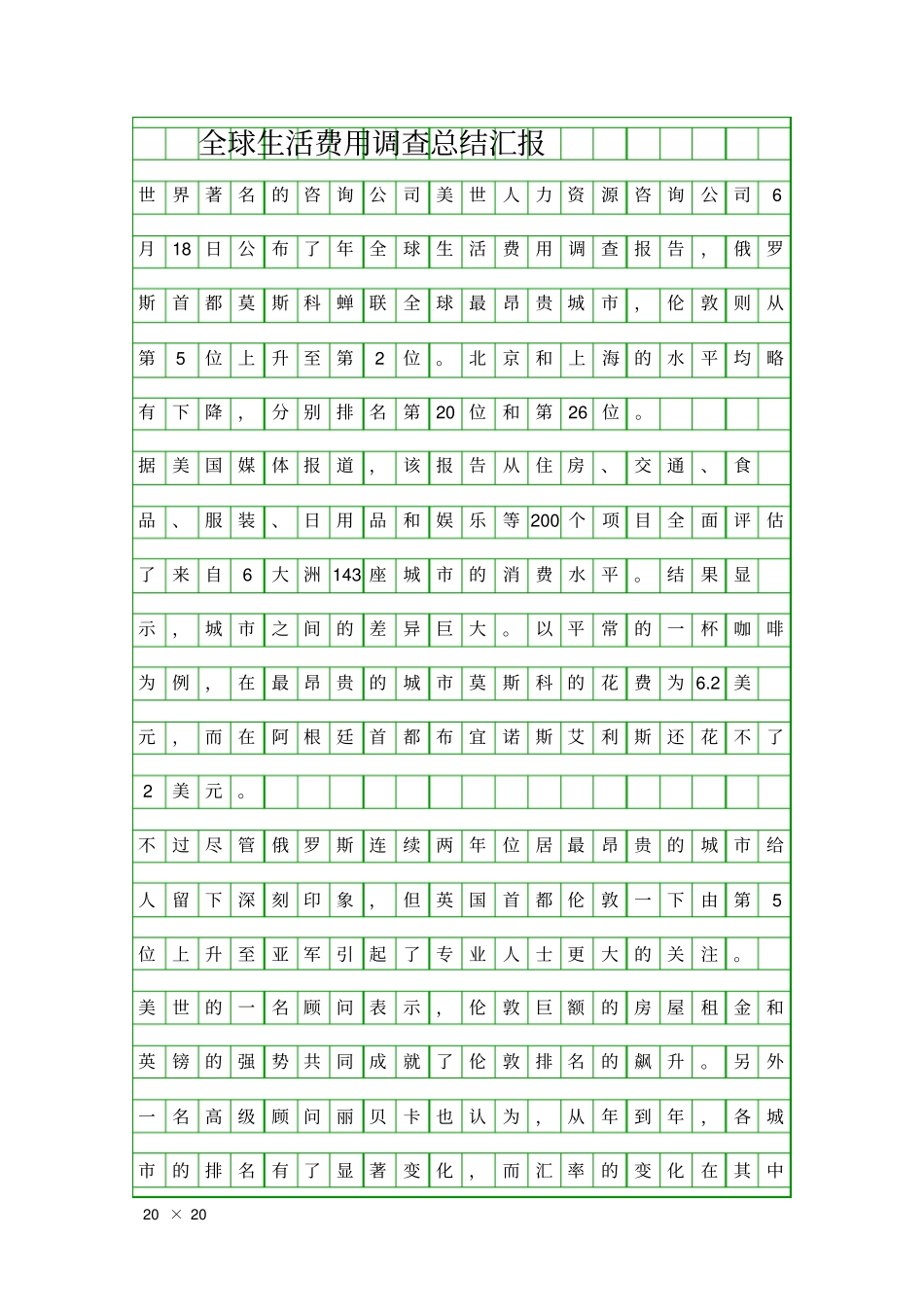 全球生活费用调查总结汇报精品工作报告_第1页
