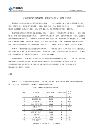 全球电动汽车场销量2015年总结及2016年展望资料