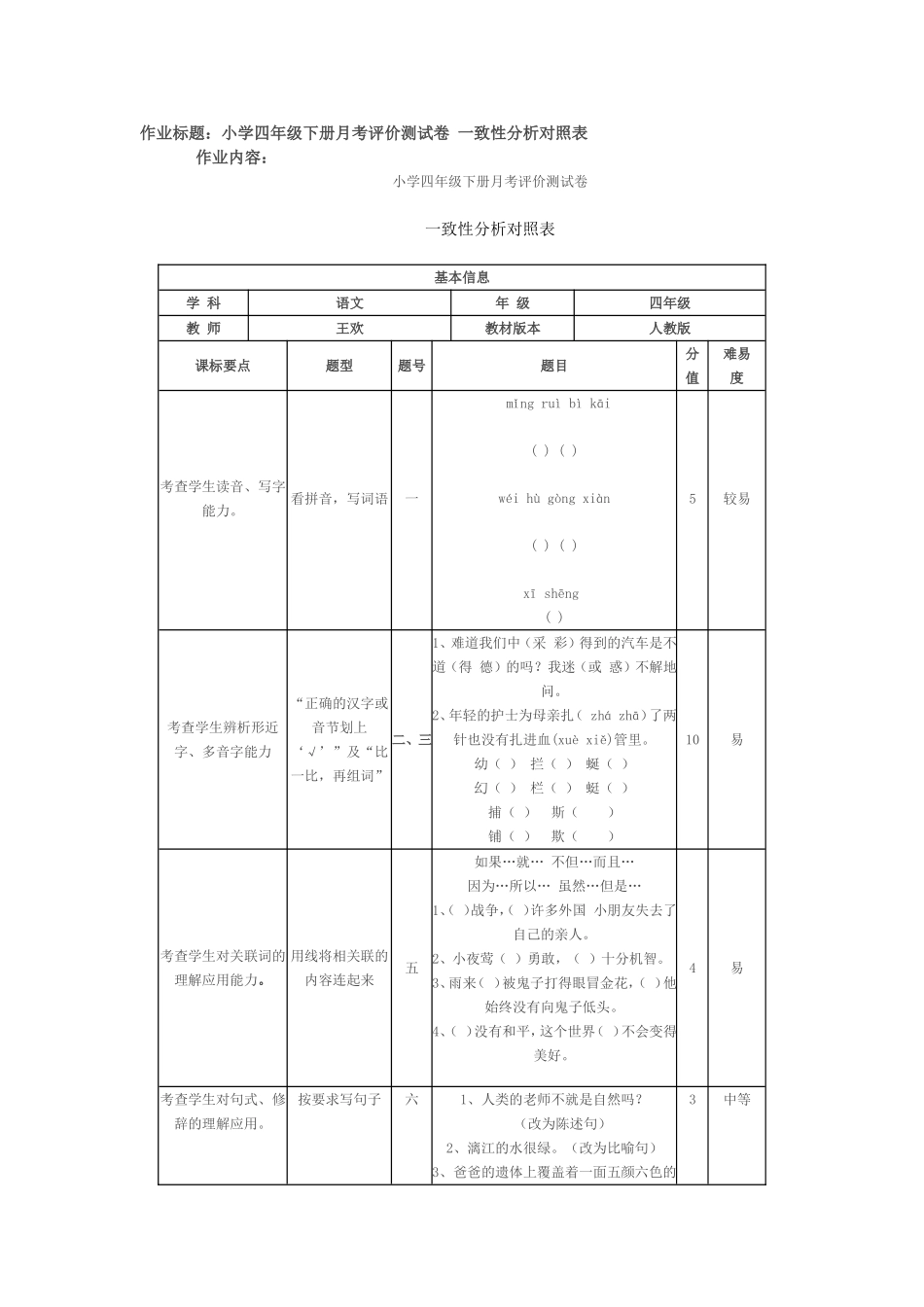 小学四年级下册月考评价测试卷一致性分析对照表_第1页