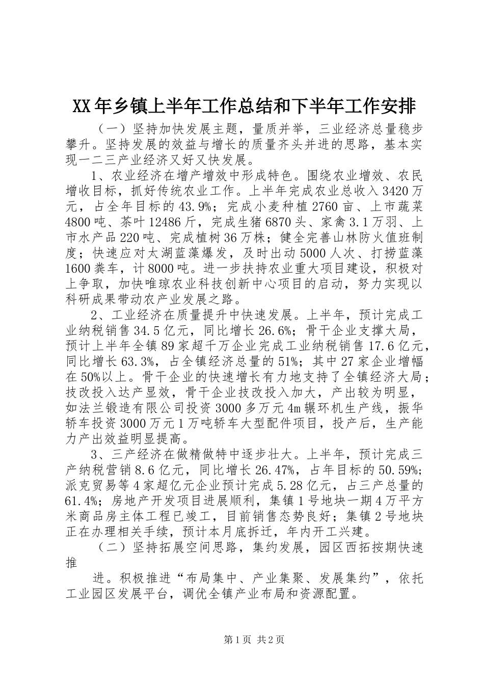 XX年乡镇上半年工作总结和下半年工作安排 _第1页