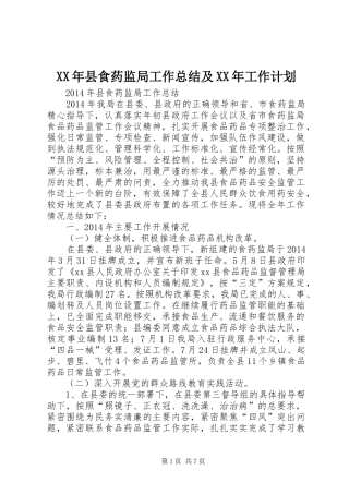 XX年县食药监局工作总结及XX年工作计划 