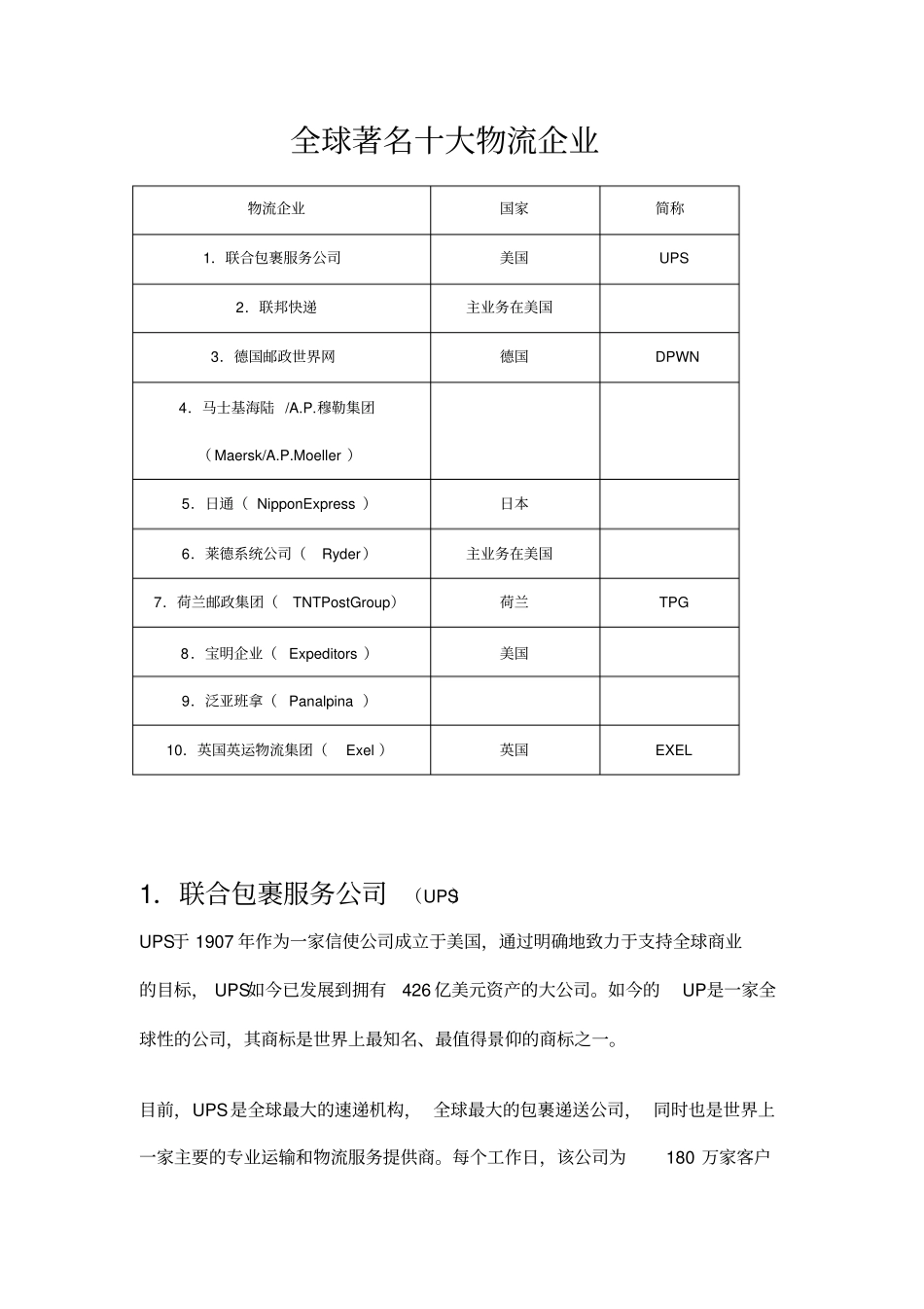 全球著名十大物流企业教学教材_第1页