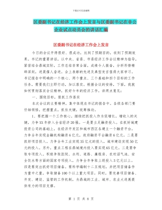 区委副书记在经济工作会上发言与区委副书记在非公企业试点动员会的讲话汇编