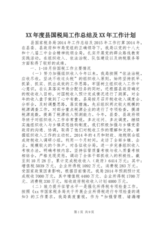 XX年度县国税局工作总结及XX年工作计划 