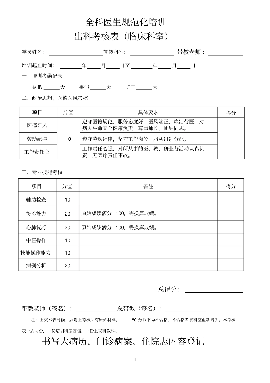全科规培临床科室出科考核表_第1页