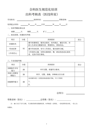 全科规培医技科室出科考核表