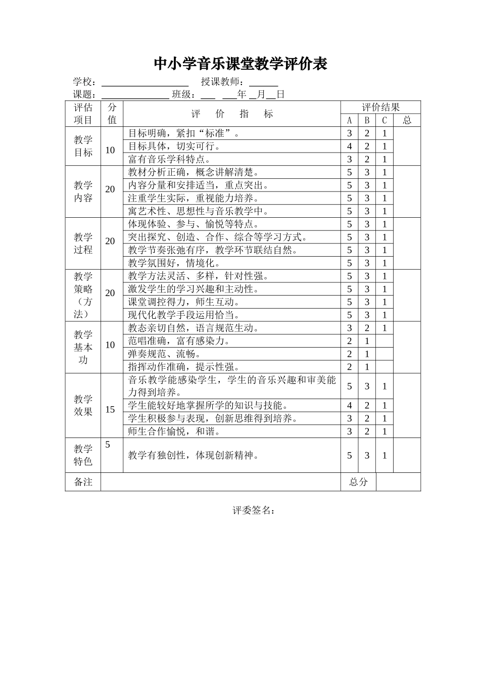中小学音乐课堂教学评价表1_第1页