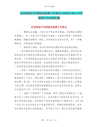 区安监部门年度执法监察工作要点与区审计局上半年党建工作总结汇编