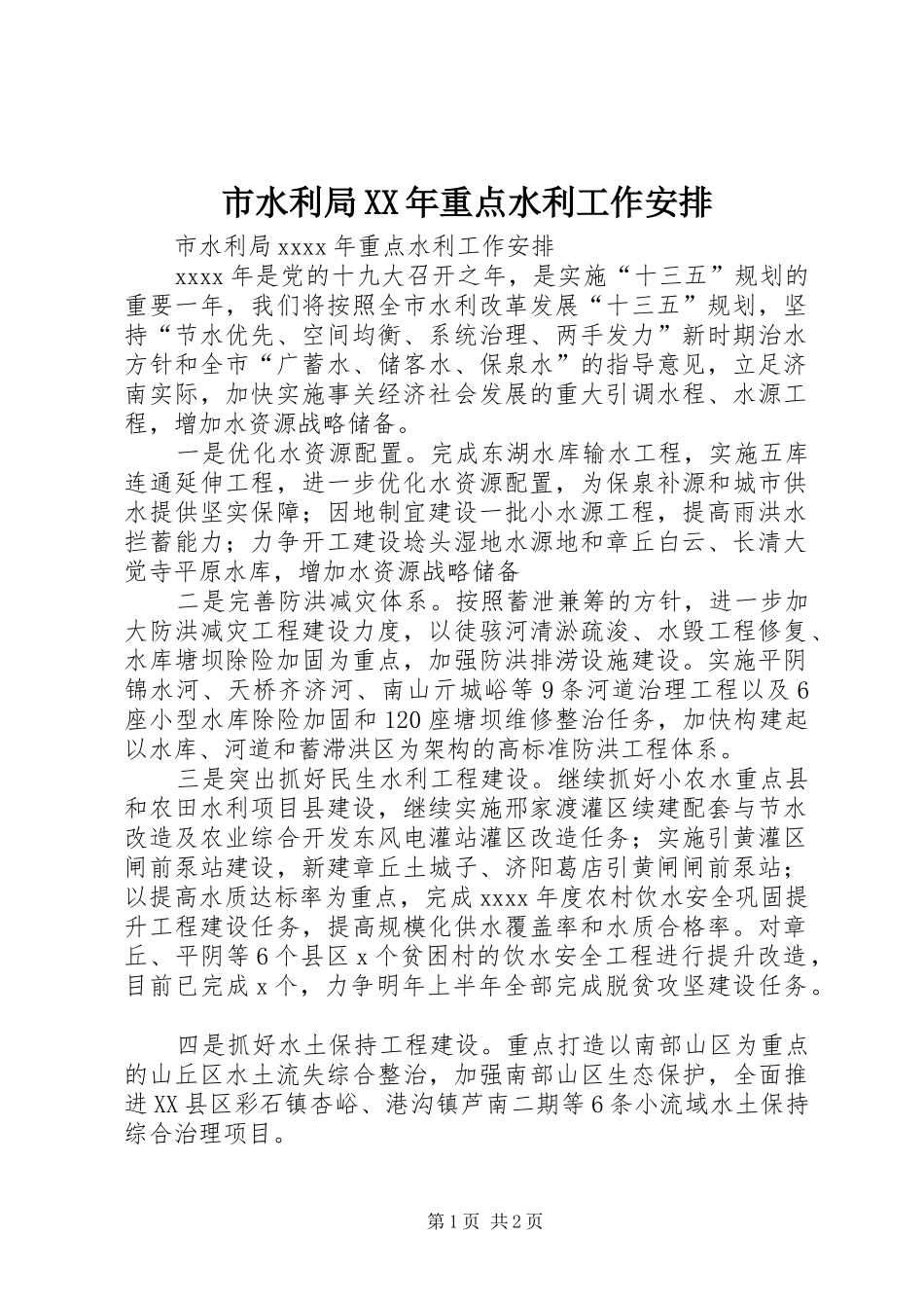 市水利局XX年重点水利工作安排 _第1页
