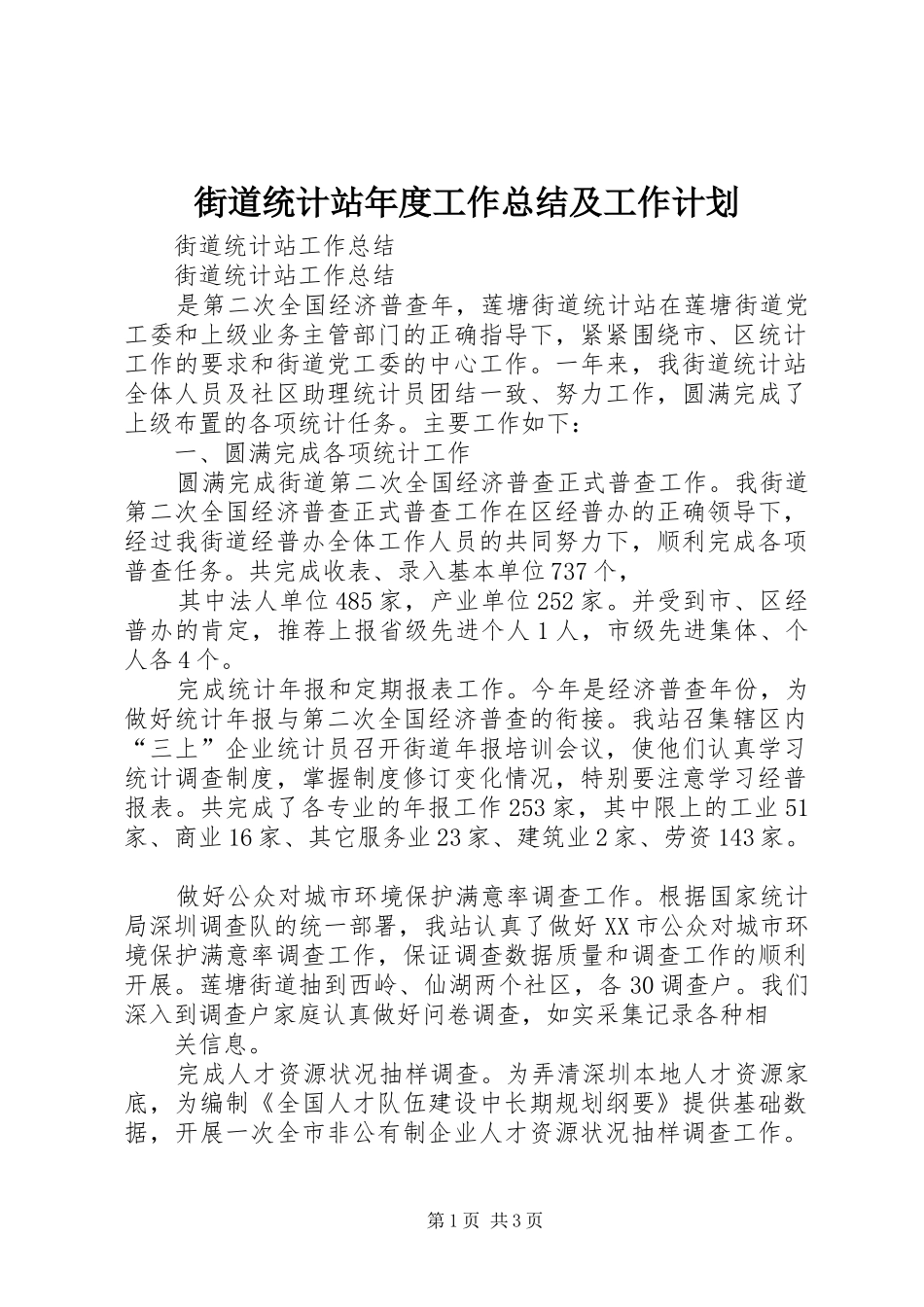 街道统计站年度工作总结及工作计划 _第1页