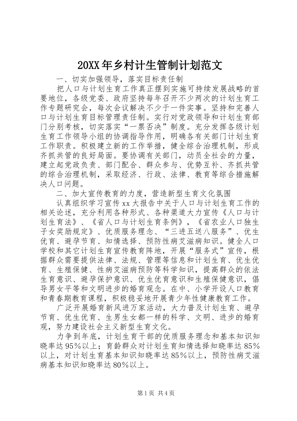 20XX年乡村计生管制计划范文_第1页