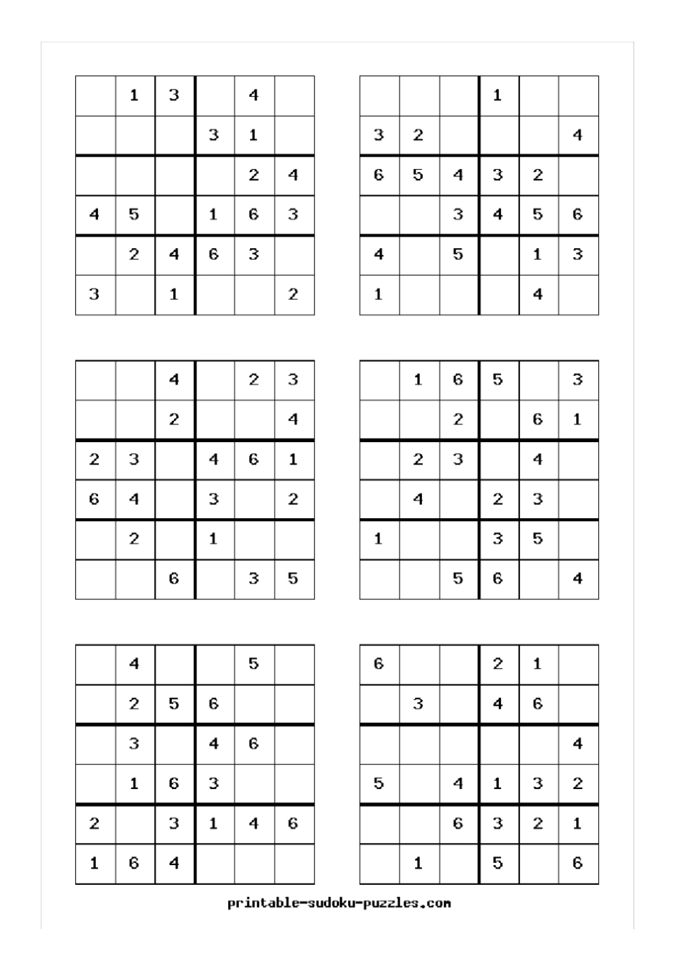 六宫格数独练习题可直接打印,每6题,共26_第1页